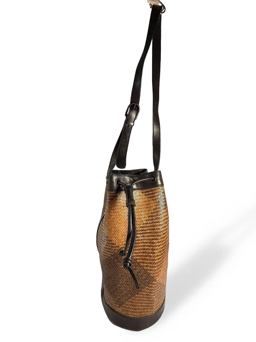 Source Unknown Brown and Black Woven Rattan / Leather Drawstring Crossbody Bag